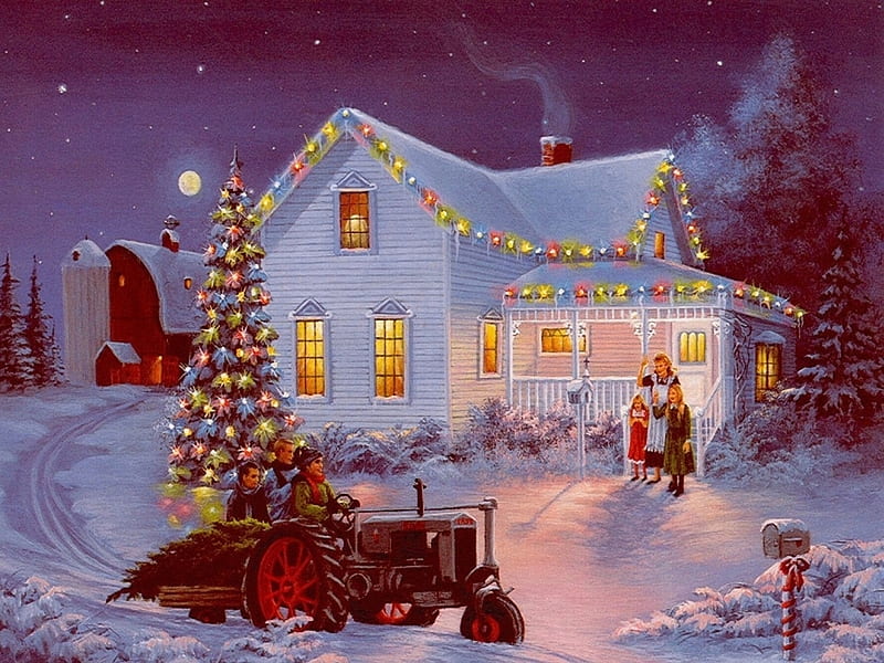 Christmas At The Farm, farm, family, christmas, snow, painting, HD wallpaper