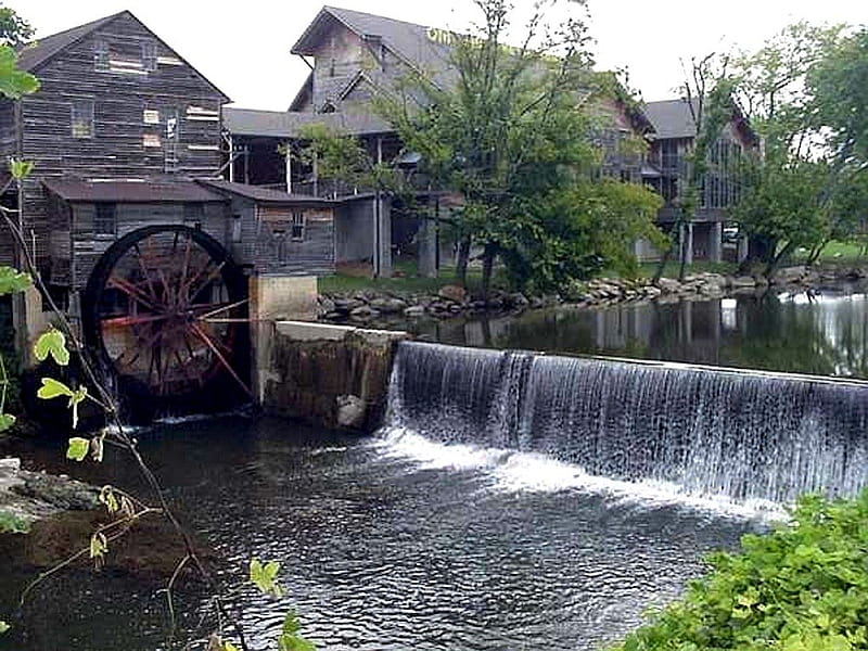 The Old Grist Mill, water, mill, waterfall, weathered, curtain, old, wood, historical, HD wallpaper