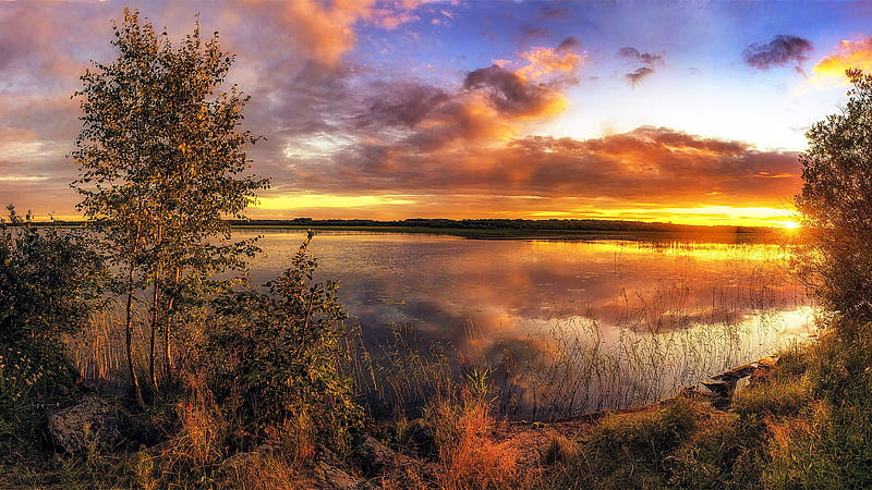 Lakeside Sunset, water, clouds, sky, reflections, trees, HD wallpaper