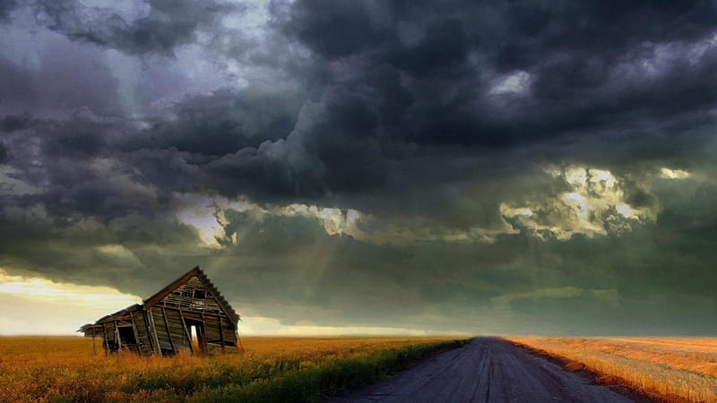 awesome stormy , storm clouds, fields, road, barn, abandoned, HD wallpaper