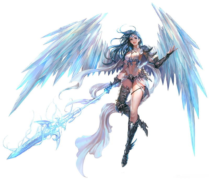 Angel, blue, fantasy, wings, luminos, nessi, girl, HD wallpaper