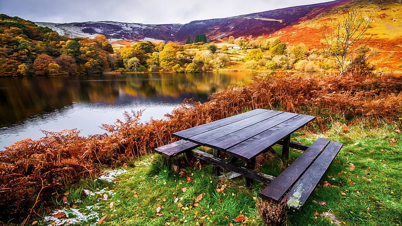 picnic bench in a beautiful lake landscape, hills, forest, autumn, bench, lake, HD wallpaper