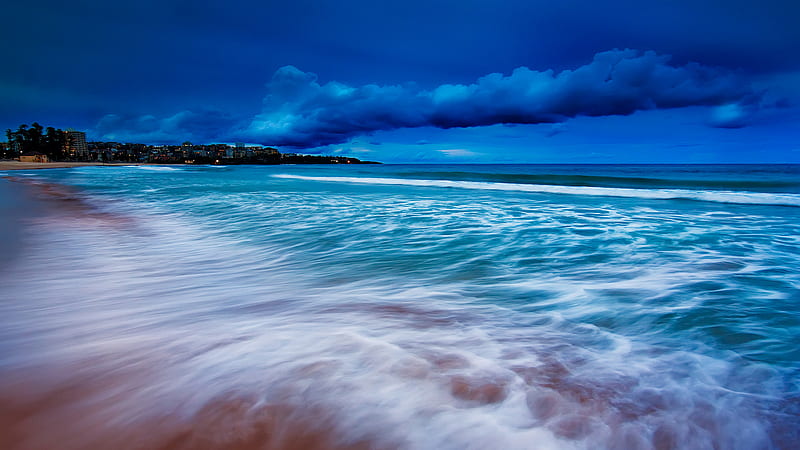 Blue Hour Twilight, splash, water, billowing, long exposure, waves, clouds, sky, blue, HD wallpaper