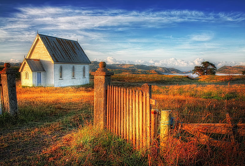 quaint little church, fence, little, church, sky, small, building, cute, beauty, nature, field, HD wallpaper