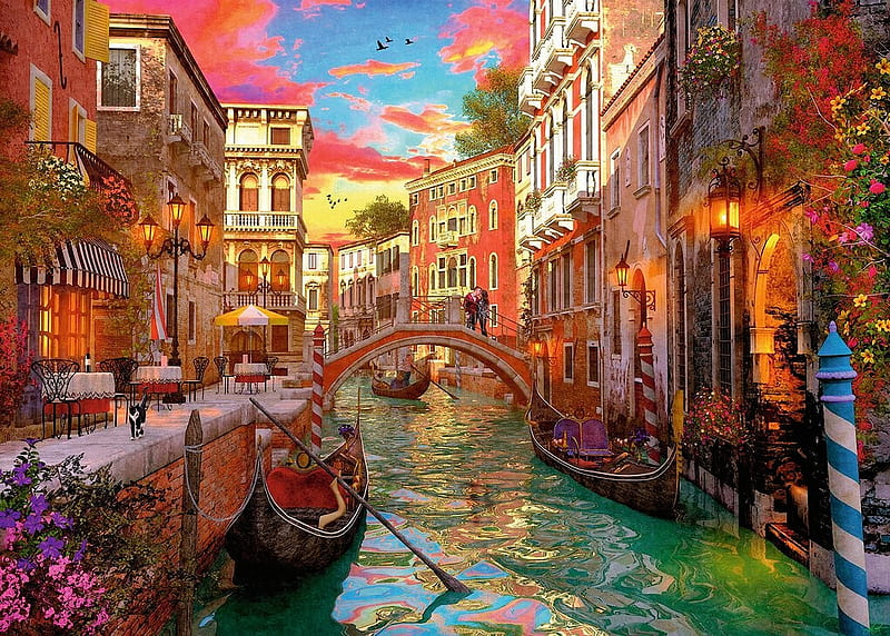 Romance in Venice, painting, boat, canal, houses, artwork, HD wallpaper
