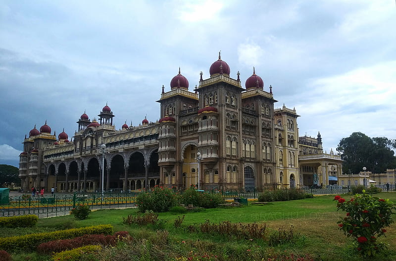 Palace, garden, india, karnataka, mysore, nature lover, sayings, sky, travel lover, traveller, HD wallpaper