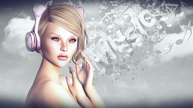 Girl, music, ears, headphones, cat, fantasy, hand, rendering, pink, HD wallpaper