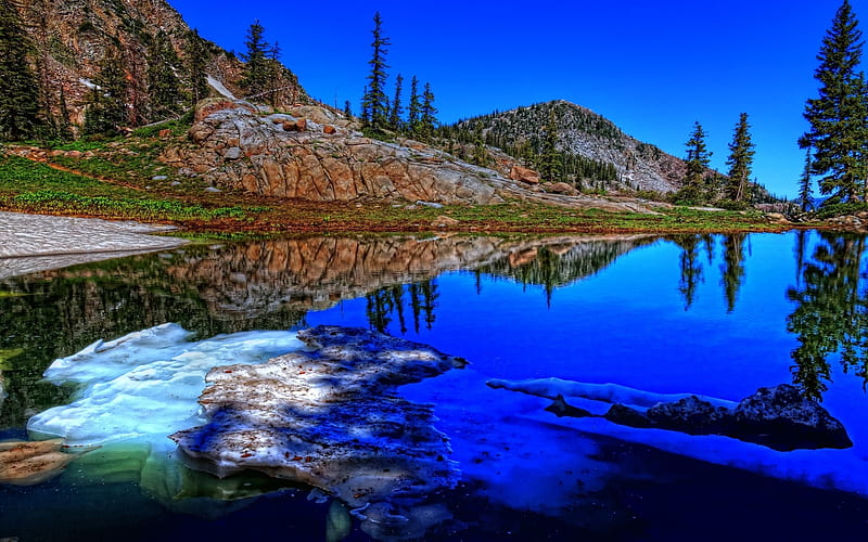 Water Sky, grass, high dynamic range, clouds, nice, stones, mounts, shadows, beauty, morning, , black, sky, trees, pines, water, cool, mountains, ice, awesome, white, colorful, brown, gray, bonito, cold, green, mirror, blue, amazing, lakes, colors, maroon, icy, day, r, nature, reflected, frozen, reflections, HD wallpaper