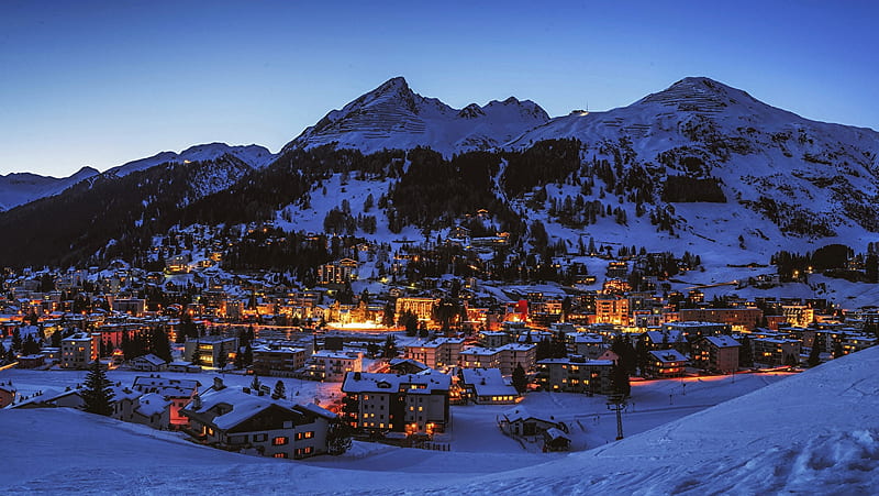 Davos, Switzerland, houses, winter, snow, village, evening, alps, lights, HD wallpaper