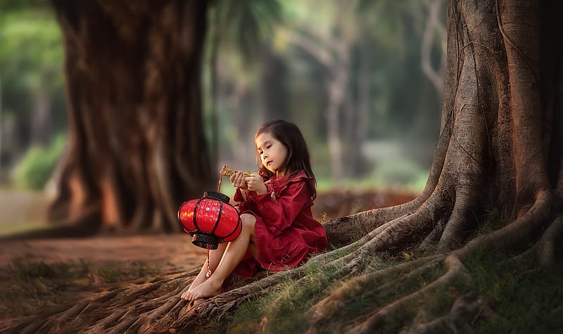 Little girl with a chinese lantern, red, little, lantern, girl, anastasia barmina, copil, asian, chinese, child, HD wallpaper