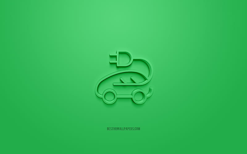 Ecological transport 3d icon, green background, 3d symbols, Ecological transport, creative Electric cars 3d icon, 3d icons, Eco transport sign, Eco 3d icons, HD wallpaper