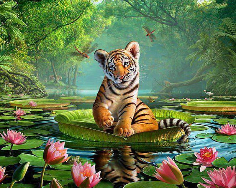Adorable Tiger Cub, forest, lotus, tiger, adorable, leaf, pond, cute, dragonflies, cub, HD wallpaper