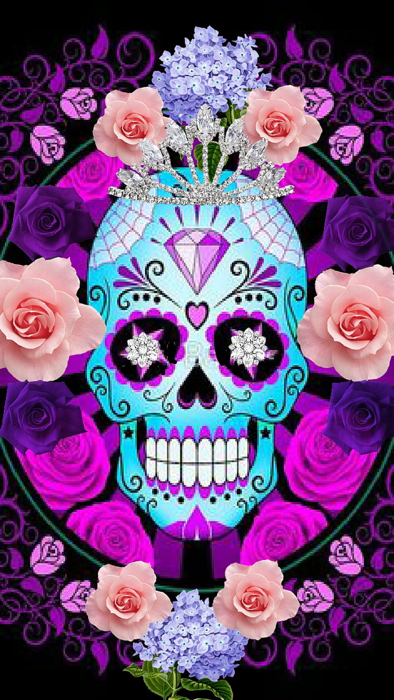 Shes A Beauty, colorful, dead, live, pink, purple, roses, skull, sugsr, HD phone wallpaper