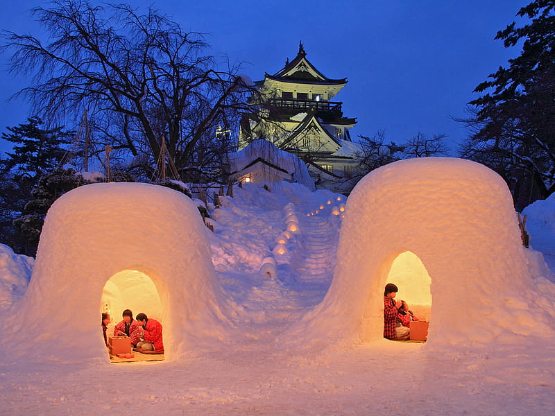 Cool Dining, meal, dinner, family, house, home, japan, igloo, evening, outside, japanese, food, traditional, trees, igloos, snow, asian, eating, HD wallpaper