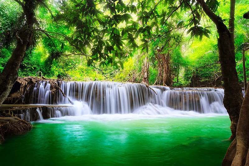 Nature, Waterfalls, Lake, Waterfall, , Thailand, Erawan National Park, Erawan Waterfall, HD wallpaper