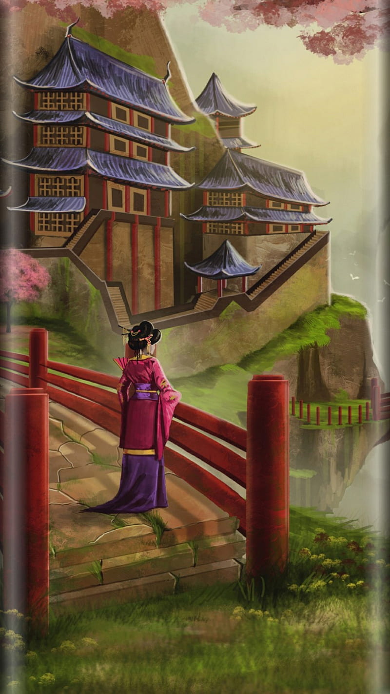 Japanese landscape, china, natural, temple, house, art, fantasy, woman, HD phone wallpaper