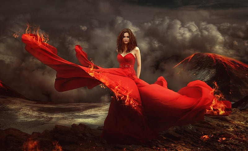 FIRE, red, dress, girl, bonito, volcano, HD wallpaper | Peakpx