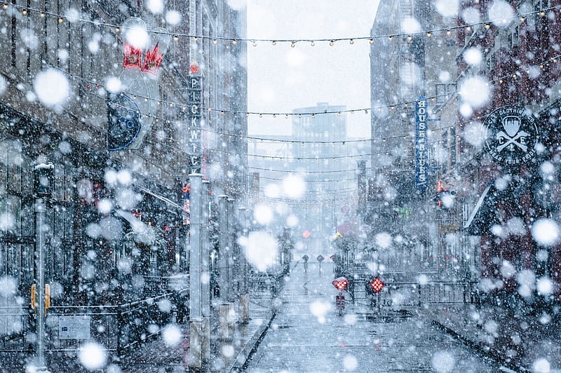 buildings, street, christmas, snowfall, pretty, scenic, City, HD wallpaper