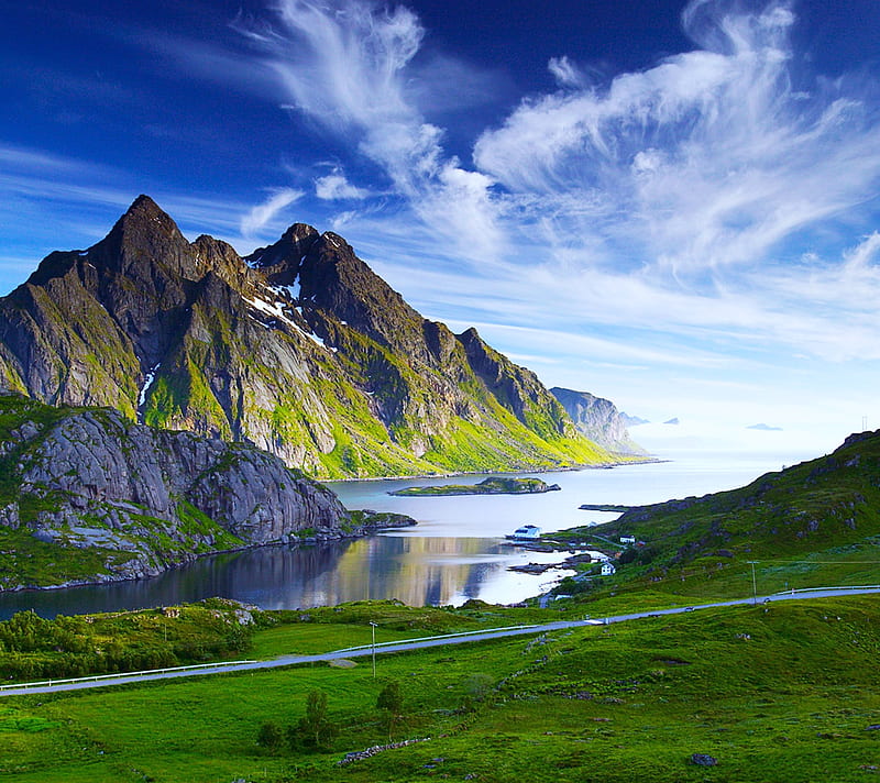 Landscape, blue, grass, green, lake, mountain, peaceful, HD wallpaper