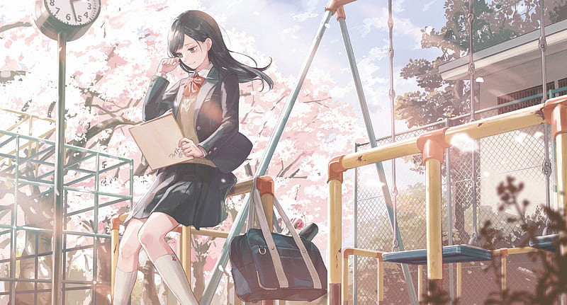 cute anime school girl, sakura blossom, park, school uniform, teary eyes, Anime, HD wallpaper