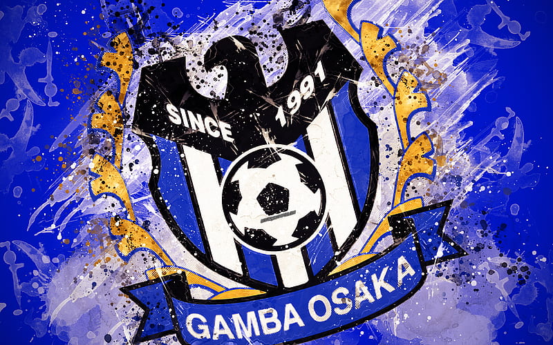 Gamba Osaka, G-Osaka FC paint art, logo, creative, Japanese football team, J1 League, emblem, blue background, grunge style, Osaka, japan, football, HD wallpaper