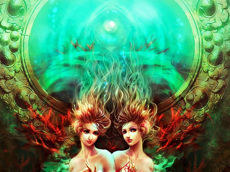 Zodiac ~ Gemini, red, art, zodiac, woman, Guangjian Huang, fantasy, water, girl, green, gemini, digital, couple, blue, HD wallpaper