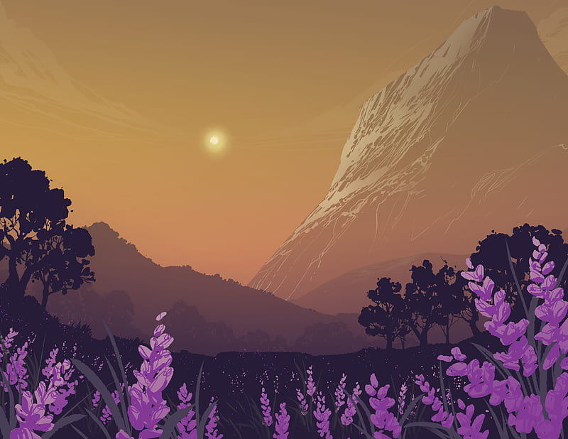 landscape, mountains, art, lavender, flowers, trees, sun, HD wallpaper