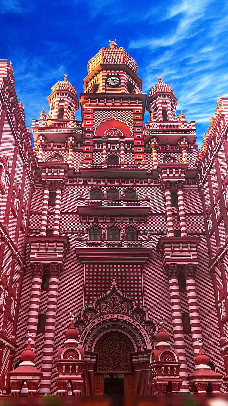 Red Masjid Sri Lanka, srilanka, mosque, islam, muslim, allah, palace, blue, sky, HD phone wallpaper