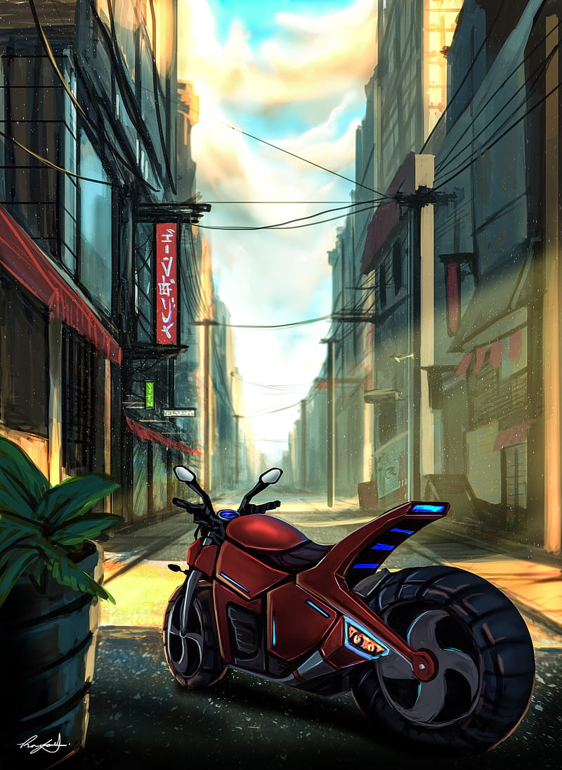 motorcycle, bike, street, city, art, HD phone wallpaper