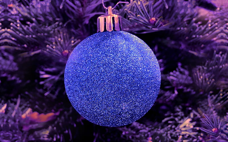 blue christmas ball, New Year, Christmas, Purple Christmas tree, HD wallpaper