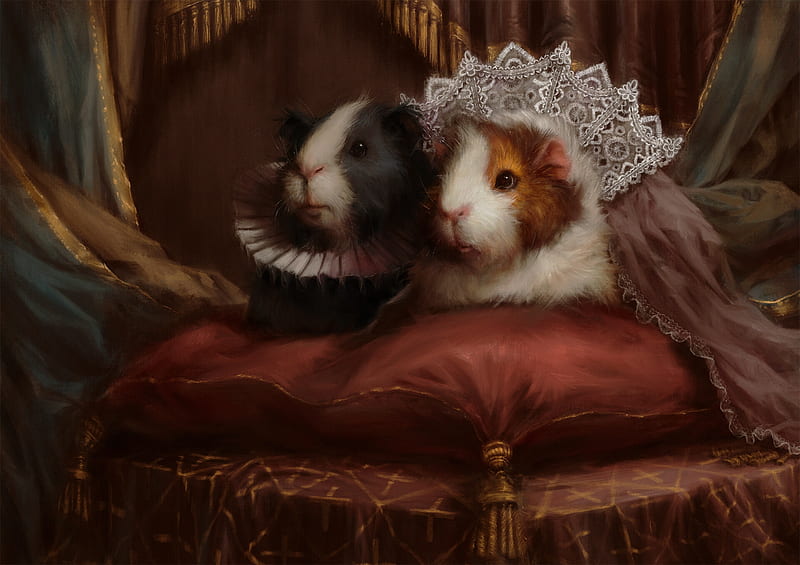 Royal Guinea Pigs, luminos, sebastian aburto nanco, guinea pig, couple, art, red, pillow, royal, fantasy, year of the rat, mouse, HD wallpaper