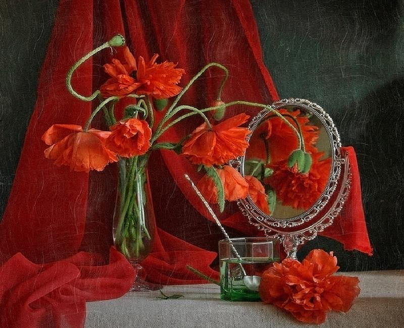 Poppies Reflection, glass, water, poppies, flower, silver spoon, mirror, red cloth, HD wallpaper