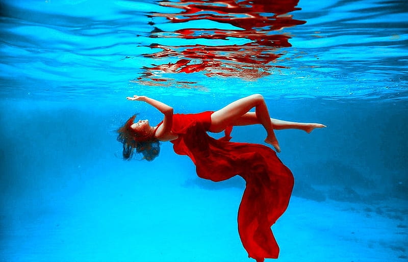 Underwater, dress, water, girl, model, svetlana belyaeva, woman, red, vara, summer, HD wallpaper