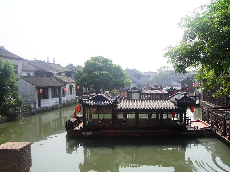 River excursion boat, excursion boat, China, tour, houses, river, HD wallpaper
