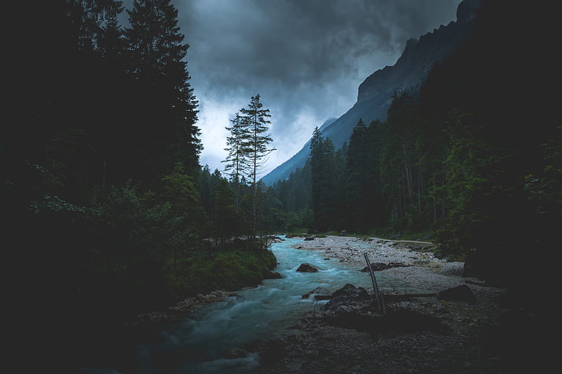 river, forest, mountains, dusk, landscape, HD wallpaper