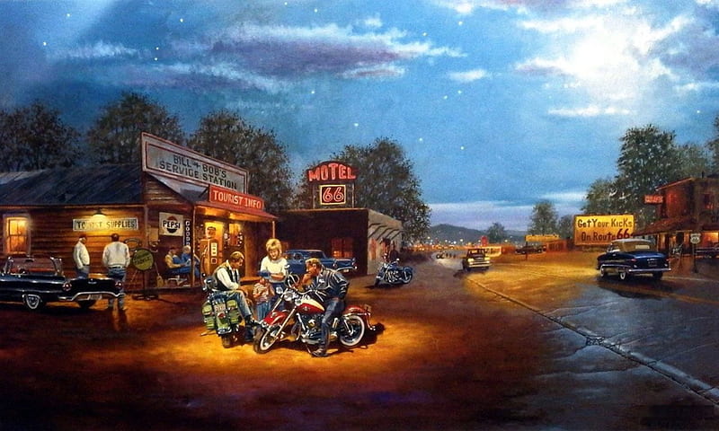 Route 66, people, houses, painting, bikes, road, artwork, HD wallpaper