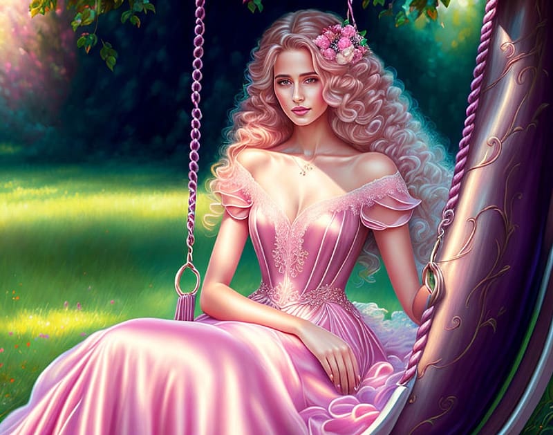 Beauty on Swing, blonde long hair, swing, girl, woman, art, , beautiful ...