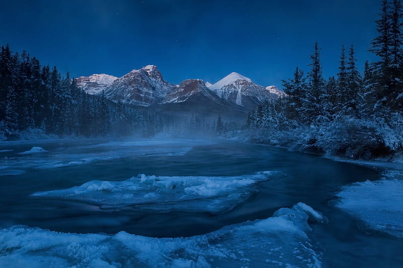 Winter Night in Canadian Rockies, Alberta, snow, mountains, lake, landscape, canada, HD wallpaper
