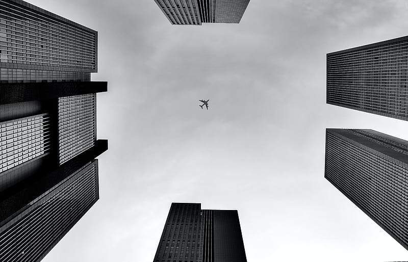 plane, buildings, bottom view, black and white, bw, HD wallpaper