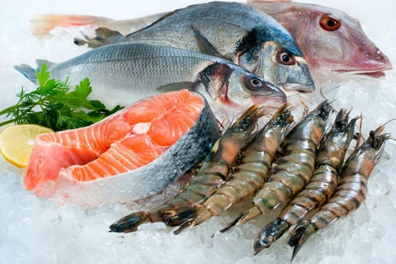 Seafood, food, fish, salmon, ice, prawns, HD wallpaper