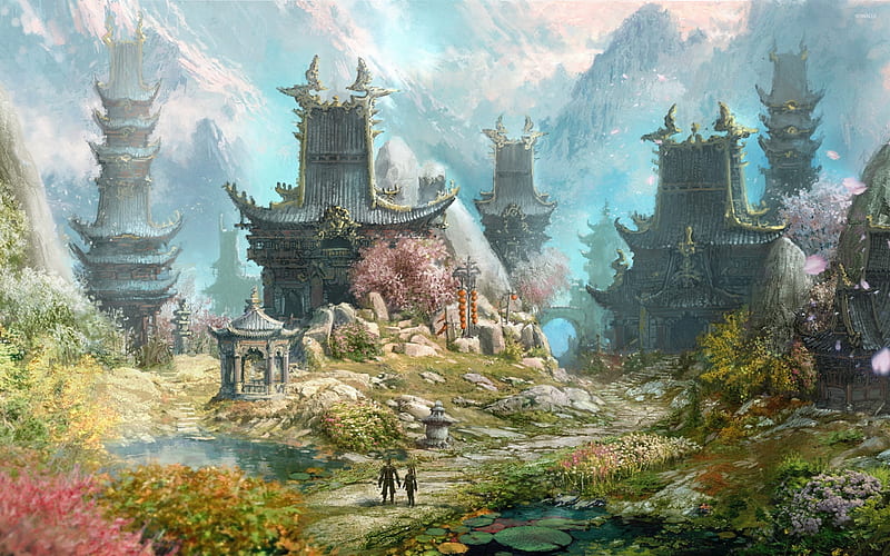 asian fantasy landscape, monuments, mountains, buildings, warriors, Fantasy, HD wallpaper
