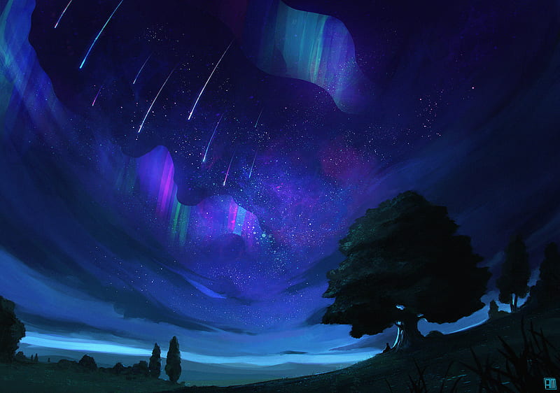 Shooting stars, aurora, borealis, fantasy, lights, moon, HD wallpaper