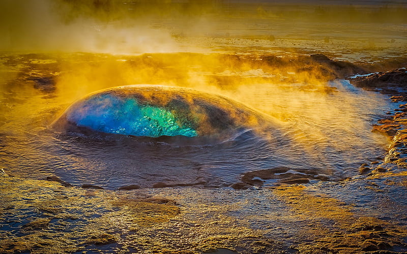 geyser, natural phenomena, steam, blue water, warm spring, Iceland, HD wallpaper
