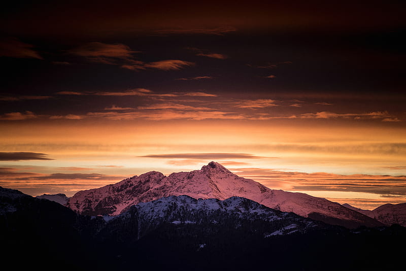 mountains, dawn, clouds, horizon, peaks, HD wallpaper