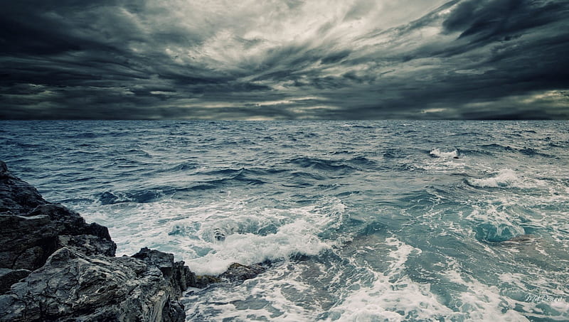 Stormy Sea Sky, rocks, shore, ocean, wind, waves, sky, clouds, storm, stormy, sea, blue, HD wallpaper