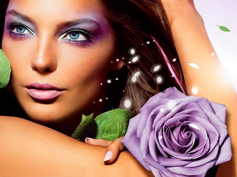 Woman With Rose, make up, brunette, female, purple rose, beauty, woman, HD wallpaper