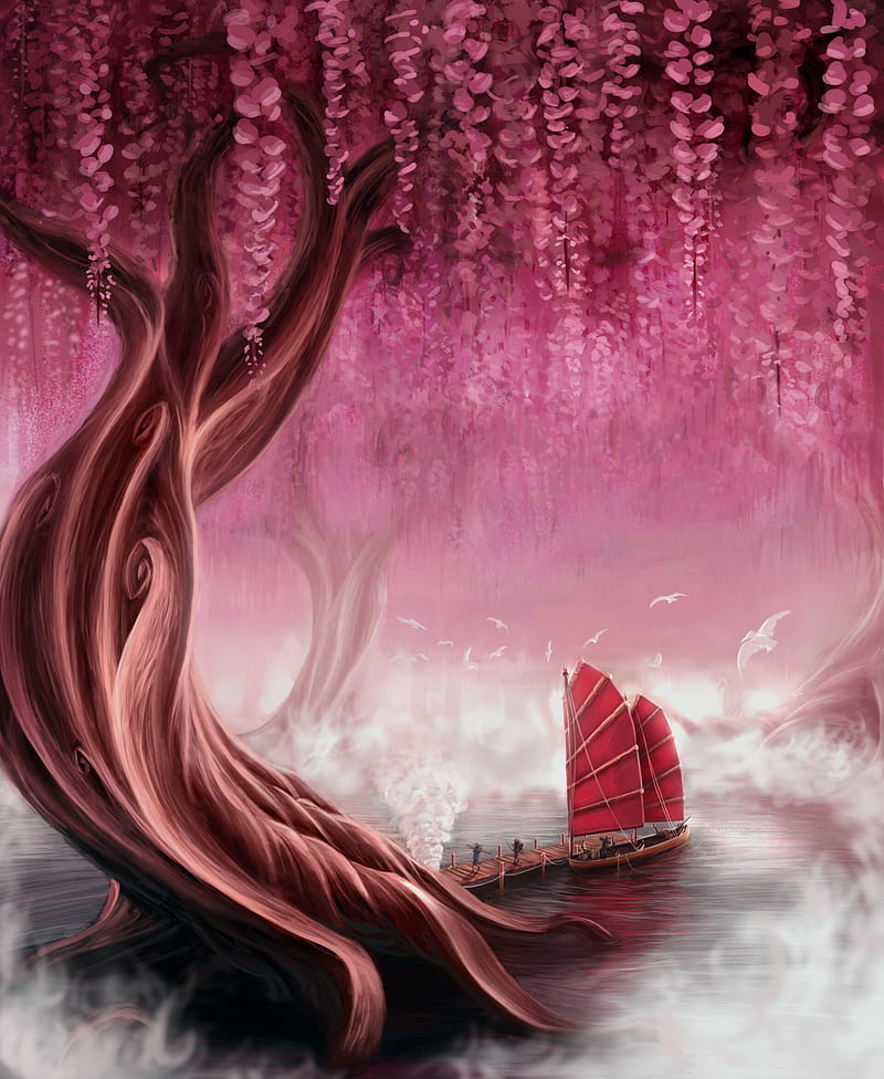 ship, sails, pier, tree, art, HD phone wallpaper