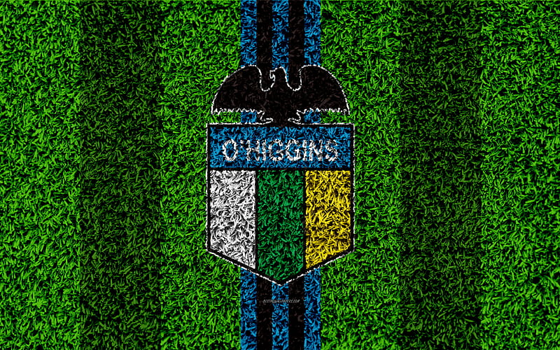OHiggins FC logo, grass texture, Chilean football club, football lawn, blue white lines, emblem, Rancagua, Chile, Chilean Primera Division, football, HD wallpaper