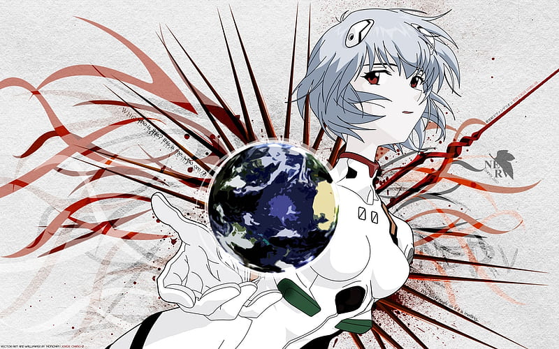hole world, red, world, water, rei ayanami, white, blue, HD wallpaper