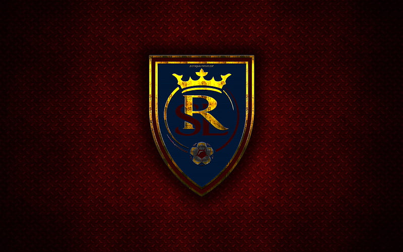 Real Salt Lake metal logo, creative art, American soccer club, MLS, emblem, red metal background, Salt Lake City, Utah, USA, football, Western Conference, Major League Soccer, HD wallpaper